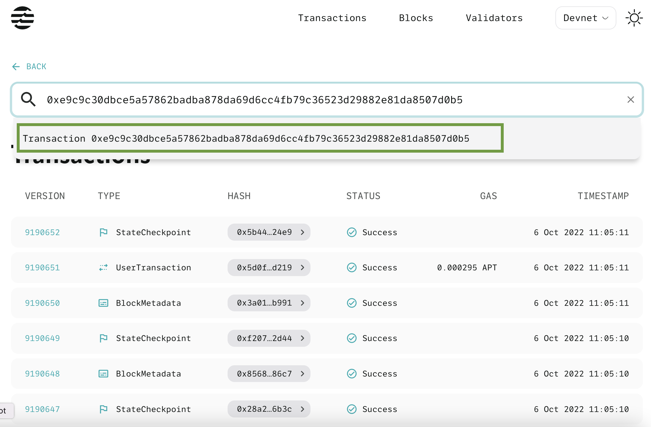 Search Aptos Explorer for a transaction